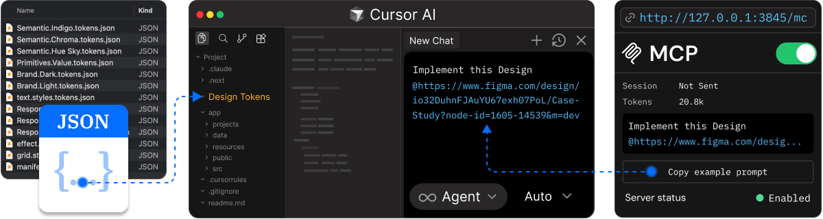 JSON MCP Cursor integration showing token export workflow