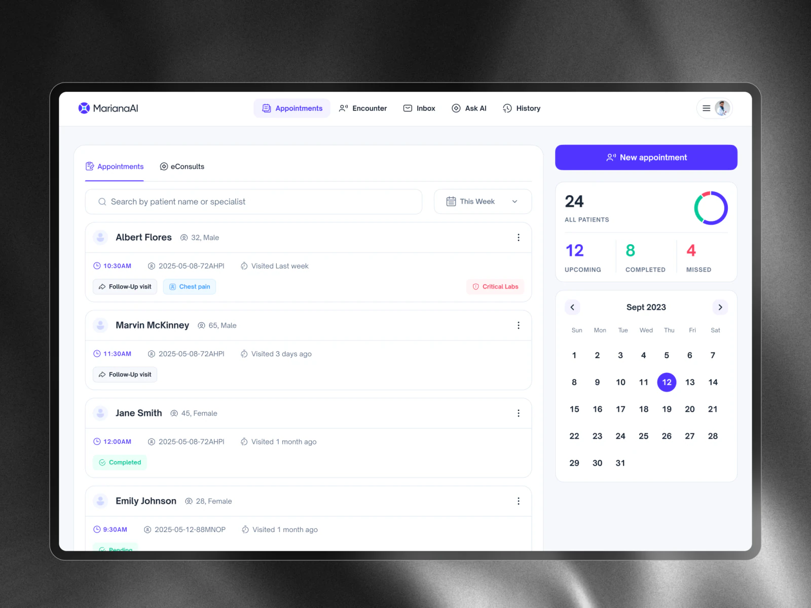CARE by MarianaAI clinical copilot interface